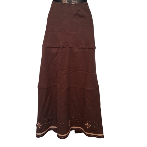 Jessica LINEN blend Chocolate Maxi Skirt with Embroidered Accents 5022 - Picture 3 of 7